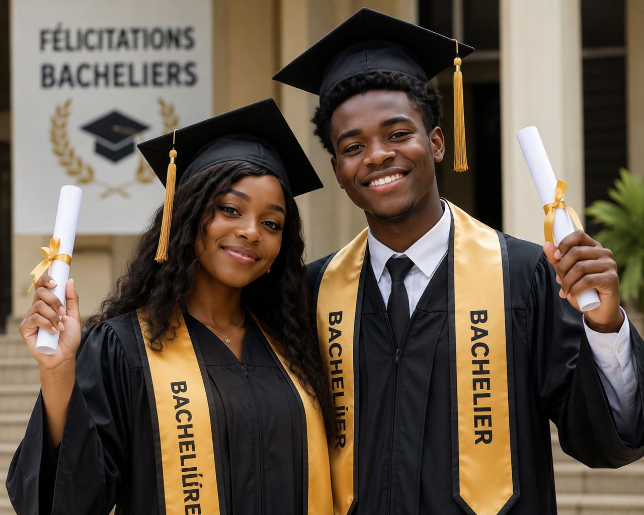 Deux bacheliers en toge tenant leur diplôme